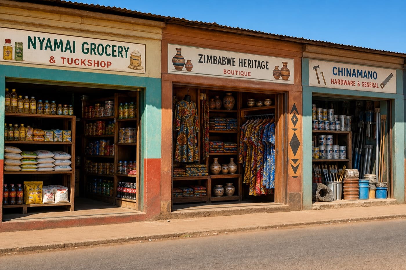 Three shop storefronts — grocery, boutique, and hardware — run from one Kayibay account