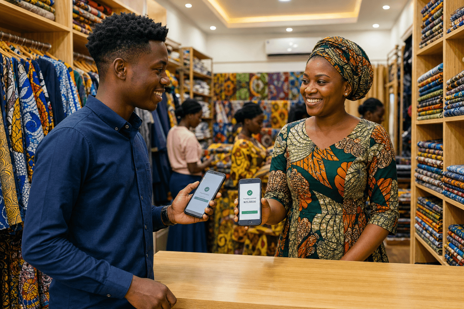 Shop owner collecting a mobile payment while a customer pays from his phone