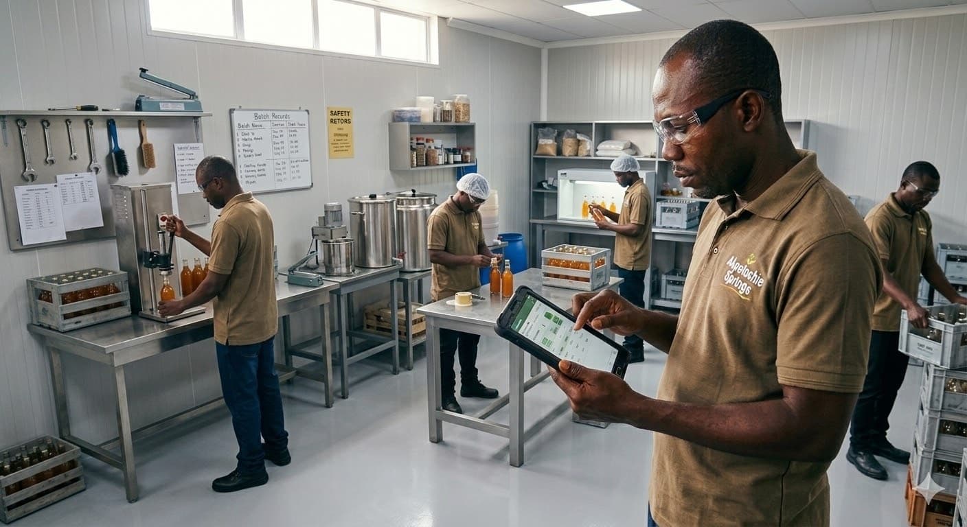 Production team tracking stock with Kayibay POS on a tablet